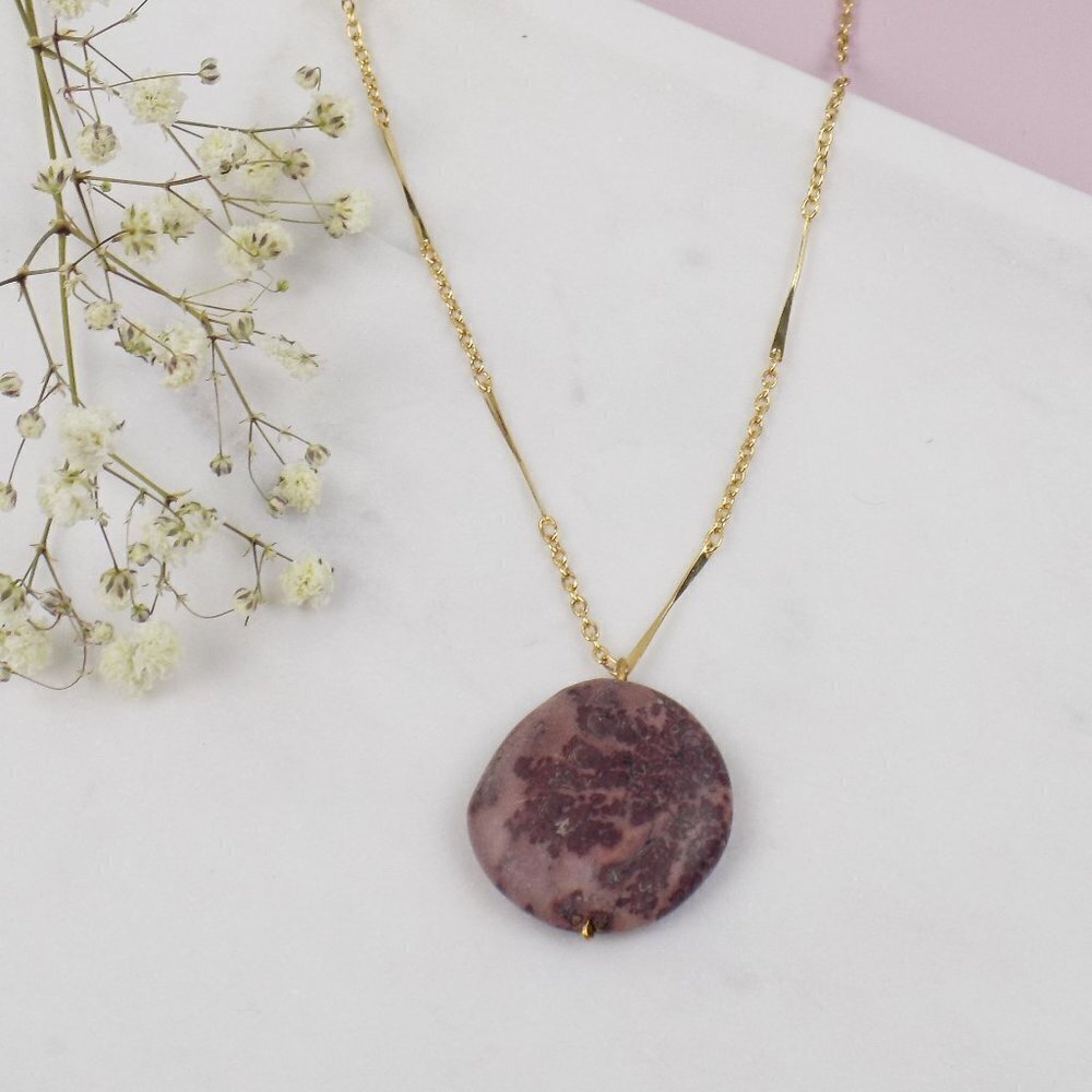 boho hippie sea sediment jasper healing stone round disc pendant necklace